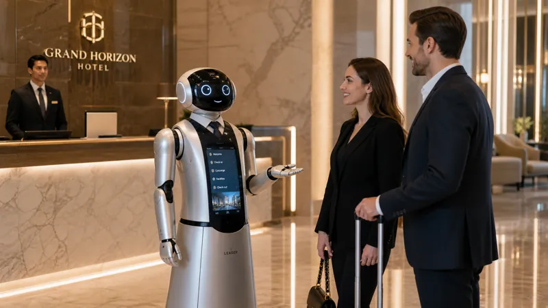 Humanoid robot assisting guests in a luxury hotel lobby.