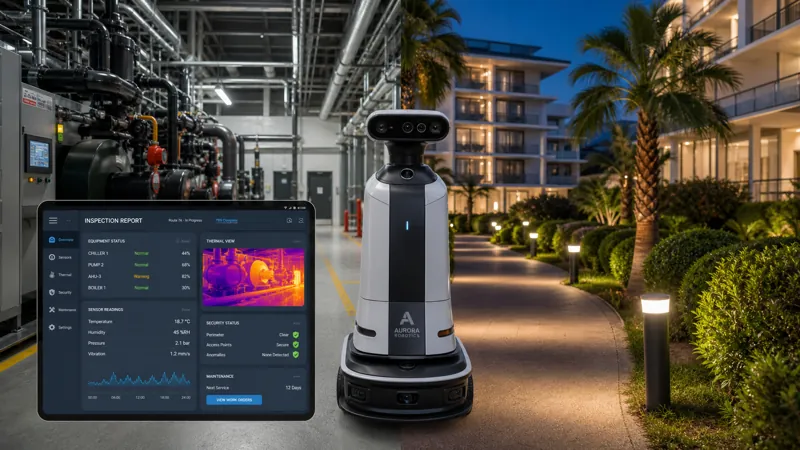 Inspection robot monitoring hotel plant-room equipment with a live condition and thermal report dashboard.