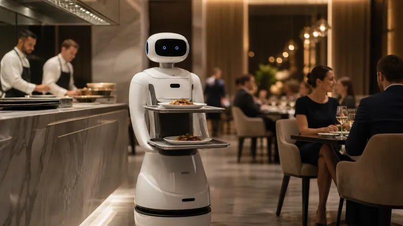 Food-running service robot carrying plates in a luxury hotel restaurant beside the kitchen pass.