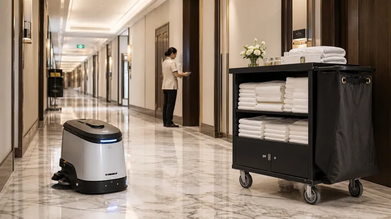 Autonomous floor-cleaning robot and housekeeping linen trolley in a hotel corridor.