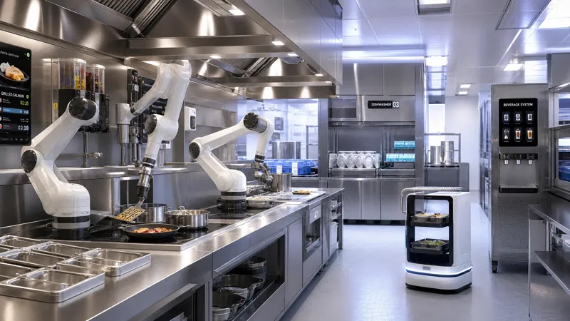 Commercial hotel kitchen with robotic cooking arms, beverage system and a back-of-house delivery robot.
