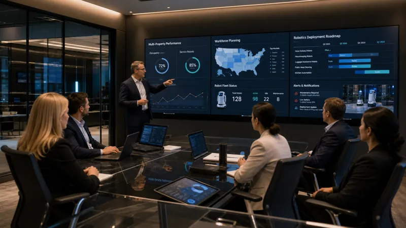 Hotel group leadership team reviewing multi-property workforce planning and robotics rollout dashboards.