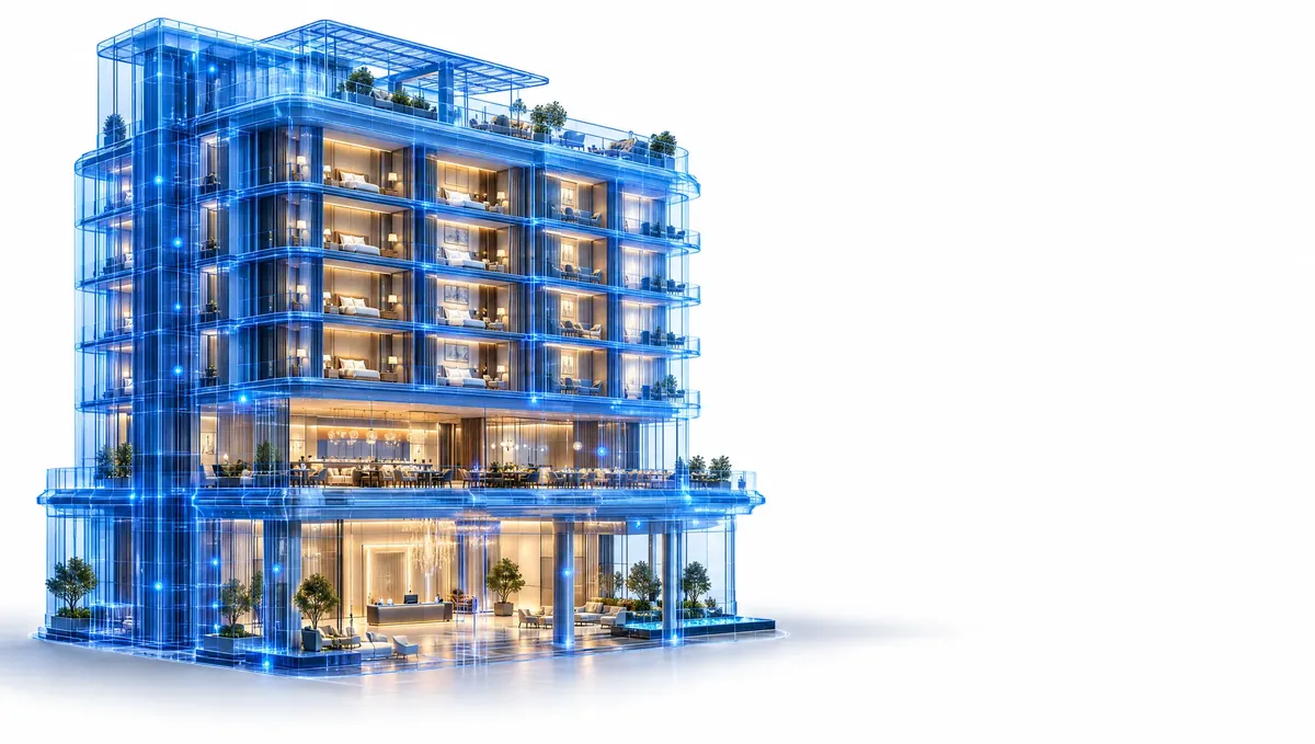 Hotel shown as a transparent blue digital model on white, with lit rooms, restaurant and lobby visible